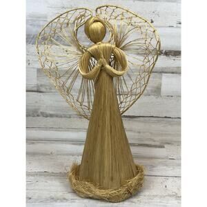 Vintage Straw Angel Christmas Figurine Praying Natural Grass 13” Handmade